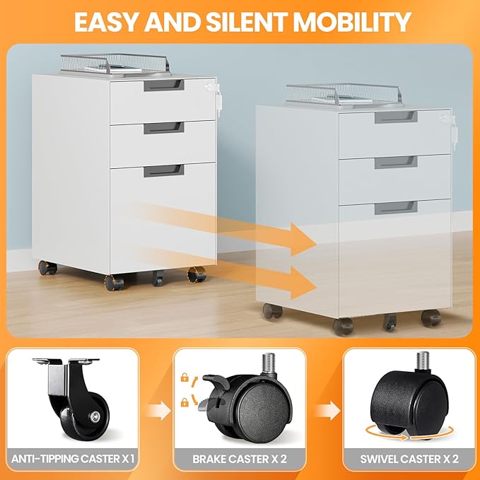 3 Drawer File Cabinet with Lock, Fully Assembled Metal Mobile Filing Cabinets