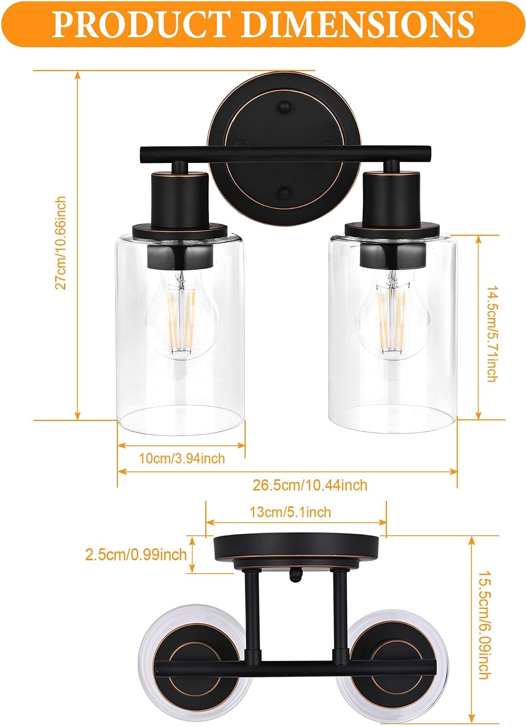 2-light Oil Rubbed Bronze Bathroom Light Fixtures for Vanity Mirror Sink