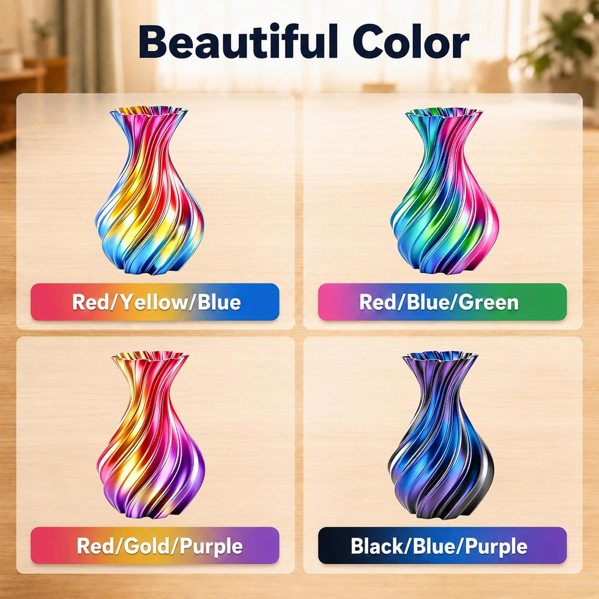 Shiny Tricolor Silk PLA+ 3D Printer Filament Bundle 1.75mm