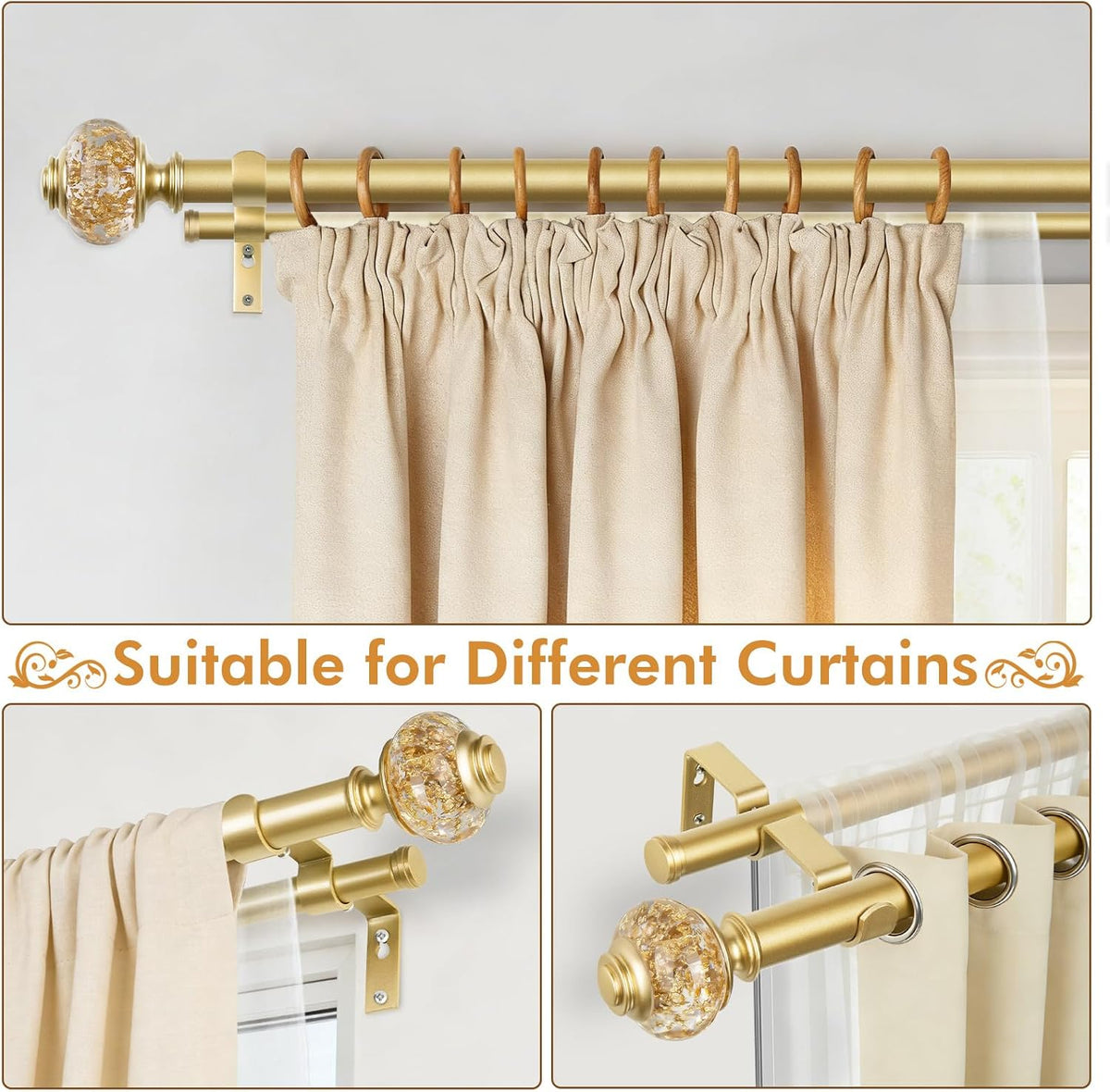 Double Curtain Rods for Windows 72 to 144, Luxury Gold, 1 Inch | Double Layer...