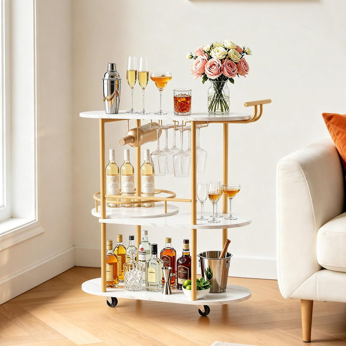 VEVOR Bar Cart, 3 Tiers Home Kitchen Serving Carts, Modern Round Rolling Util...