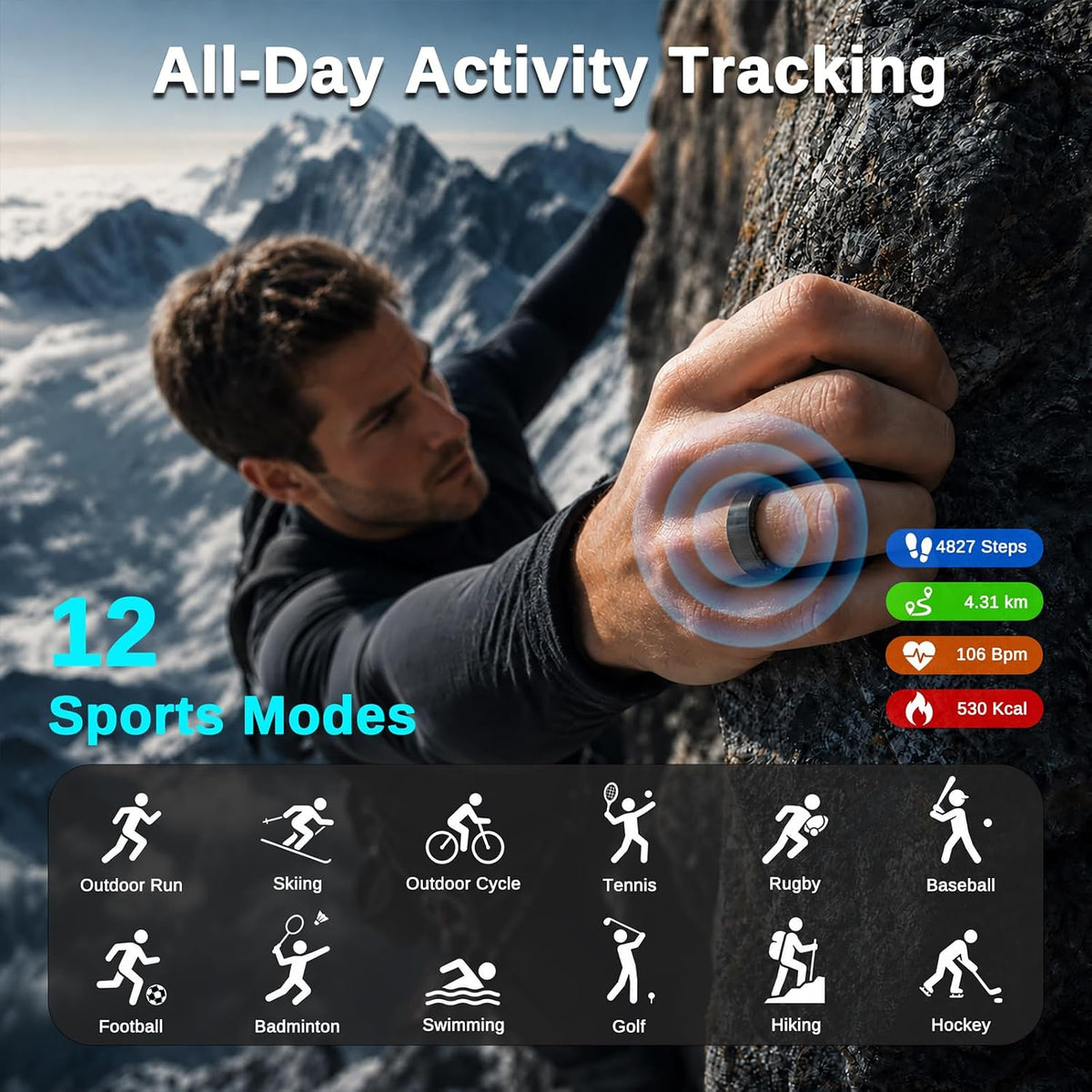 Smart Ring for Men & Women, Fitness and Health Tracker Ring(Black Size 7)