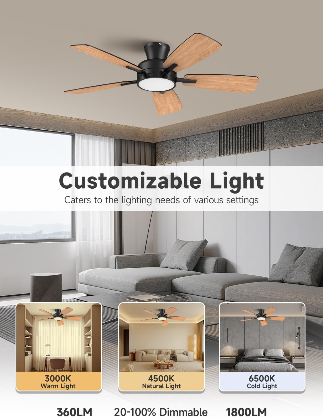 TALOYA 46 inch Ceiling Fans with Lights and Remote, Night Light, Black