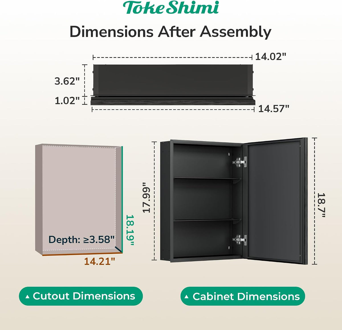 TokeShimi 14 x 18 Recessed Medicine Cabinet, Assembly Required, Black Bathroo...