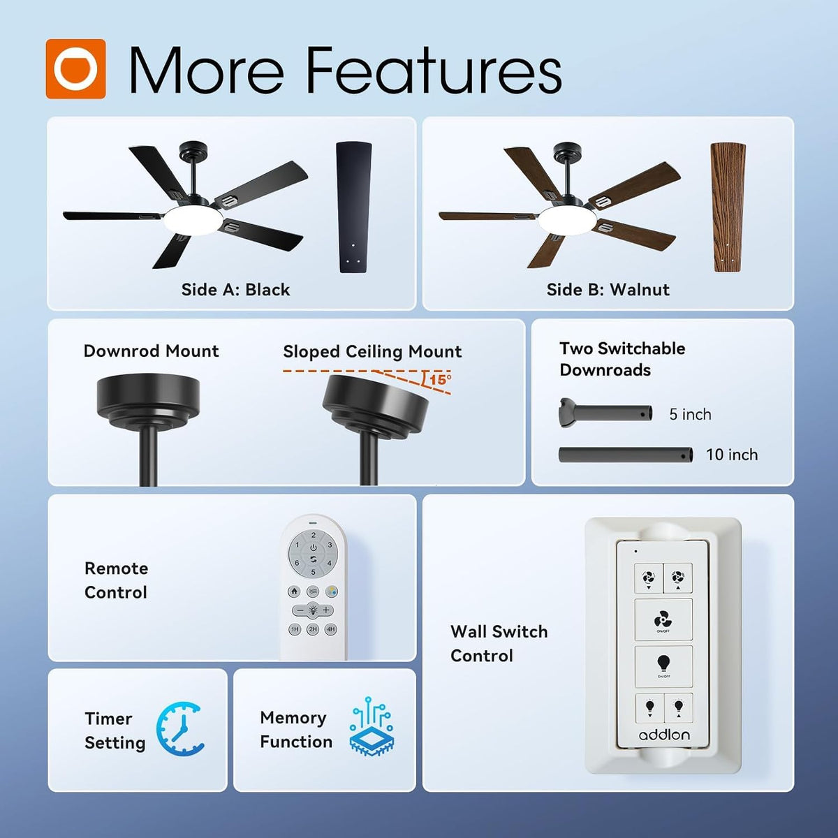 addlon 52 Inch Ceiling Fans with Lights and Remote Control, Wall Switch