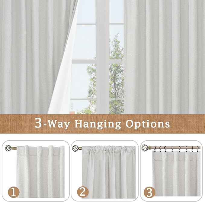 LAMIT Light Grey 100% Blackout Linen Curtains, 63 Inches Linen Textured Thermal