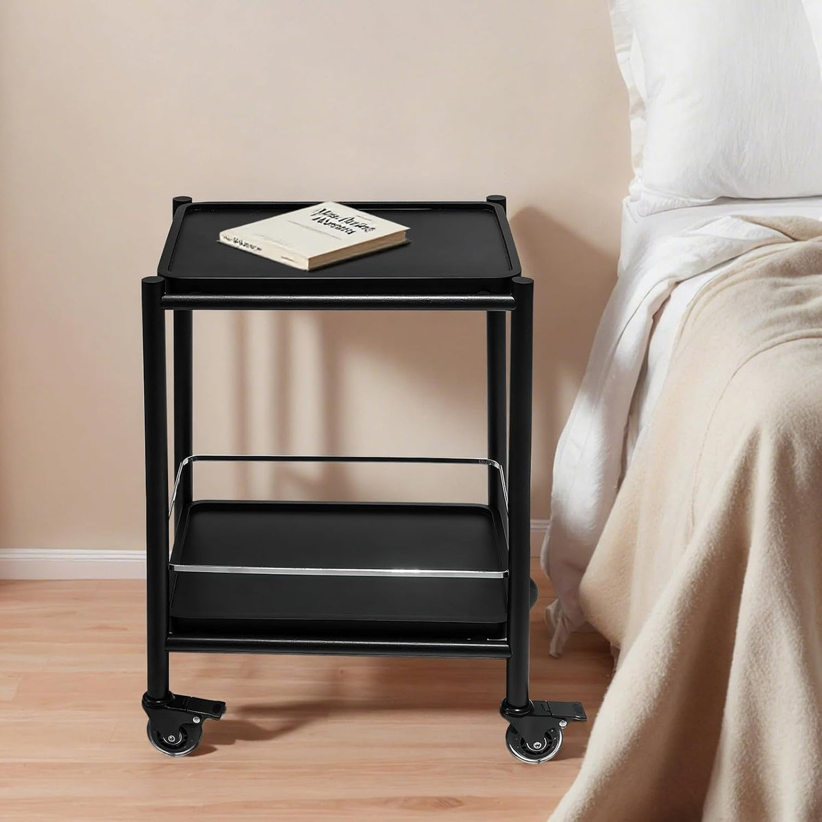 Acacia Wood Rolling Side Table, 2-Tier with Lockable Wheels & Removable T...