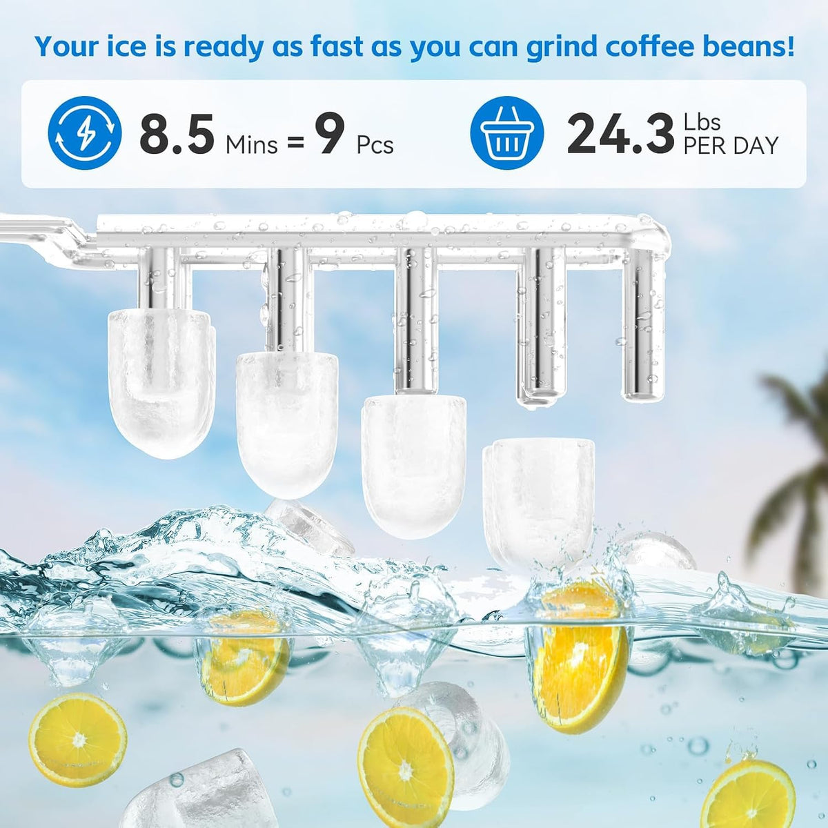 Alpicool Countertop Bullet Ice Maker, Ice Machine 9 Cubes in 8 Mins, Portable