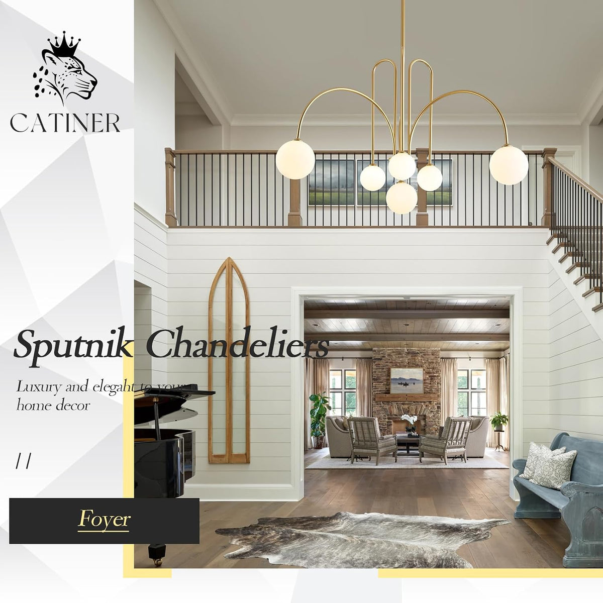 CATINER Modern 40" 6-Light Gold Sputnik Chandelier with Milk Glass Globe