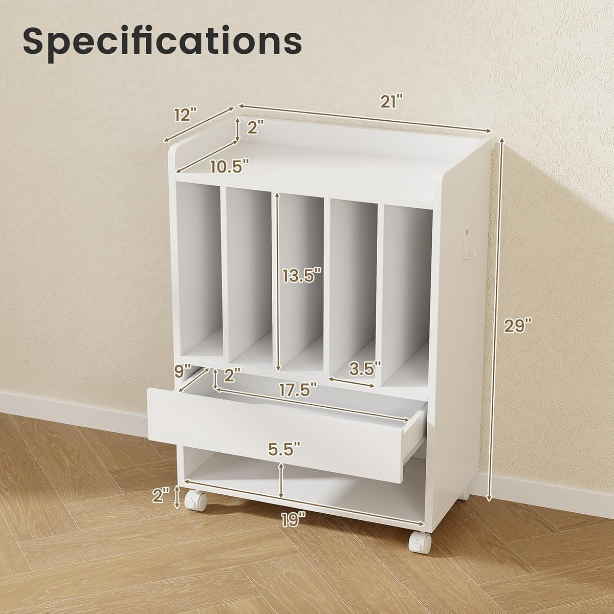 Rolling Record Player Stand with 4 Wheel, 5 Compartments, White
