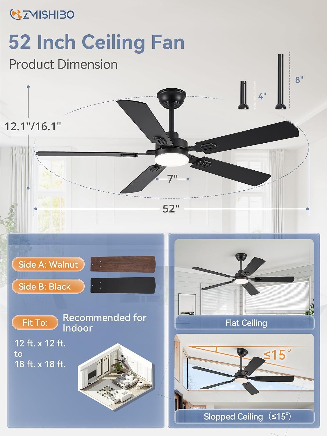 ZMISHIBO 52" Ceiling Fans with Lights and Remote, Black Modern for Indoor