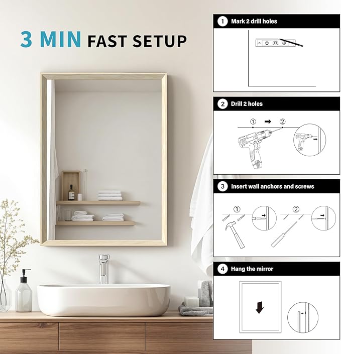 Oak Wood Effect Framed Wall Mirror, 20x30 Rectangle Mirror, Anti-desilvering