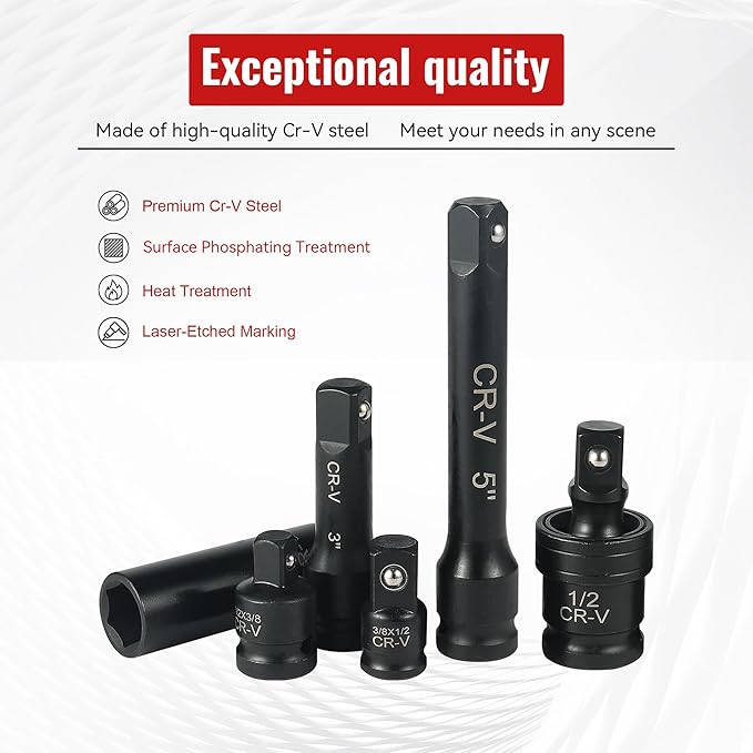 25-Piece 1/2" Drive Socket Set, Deep Sockets, Extension Bars, 1/2" ...