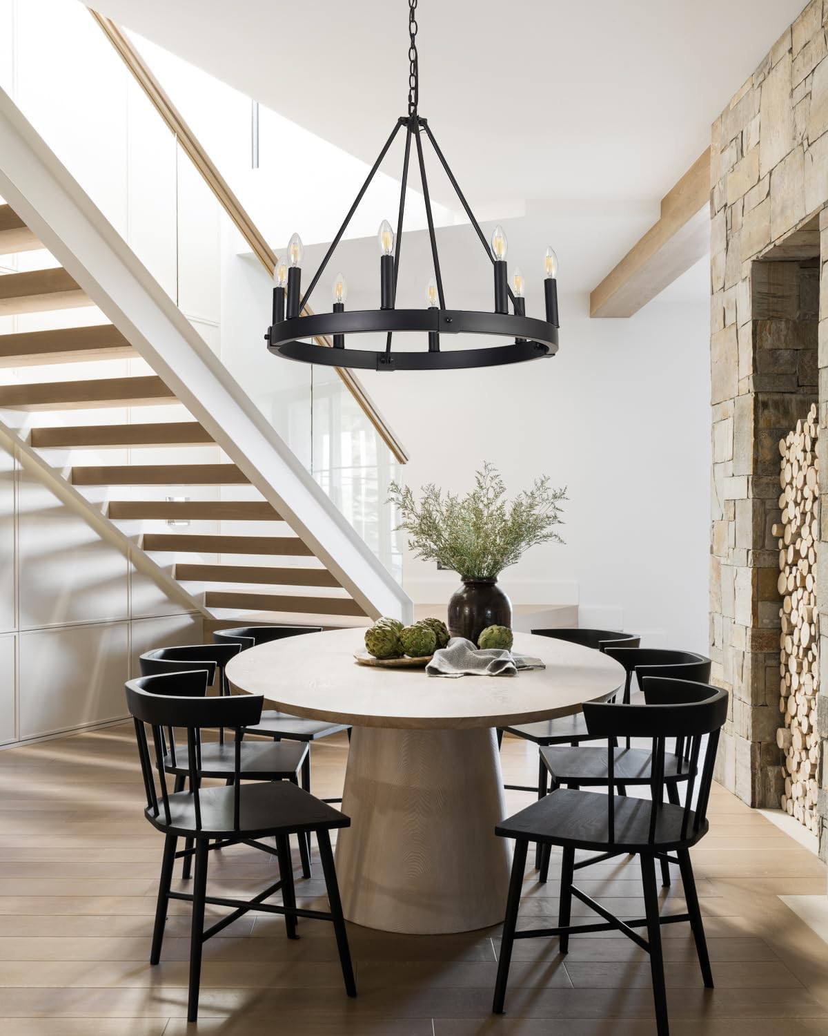 8 Lights Farmhouse Wagon Wheel Chandelier, Black, D24 Round