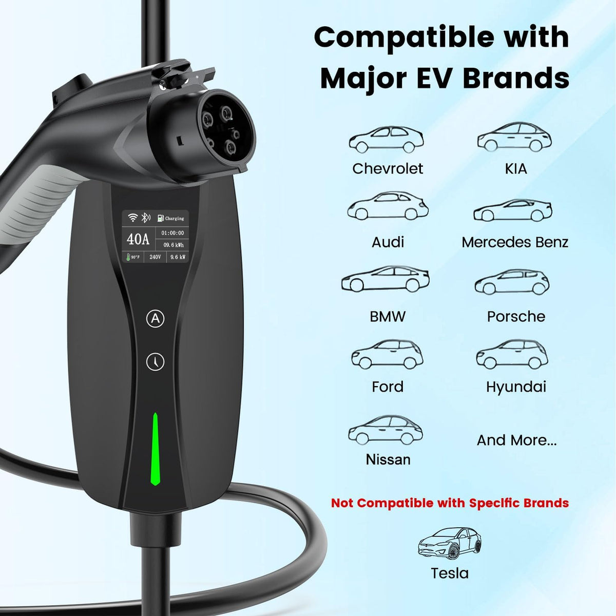 SEGUMA Level 2 EV Charger, 40A Wi-Fi/App ETL Certified for J1772 BEVs/PHEVs