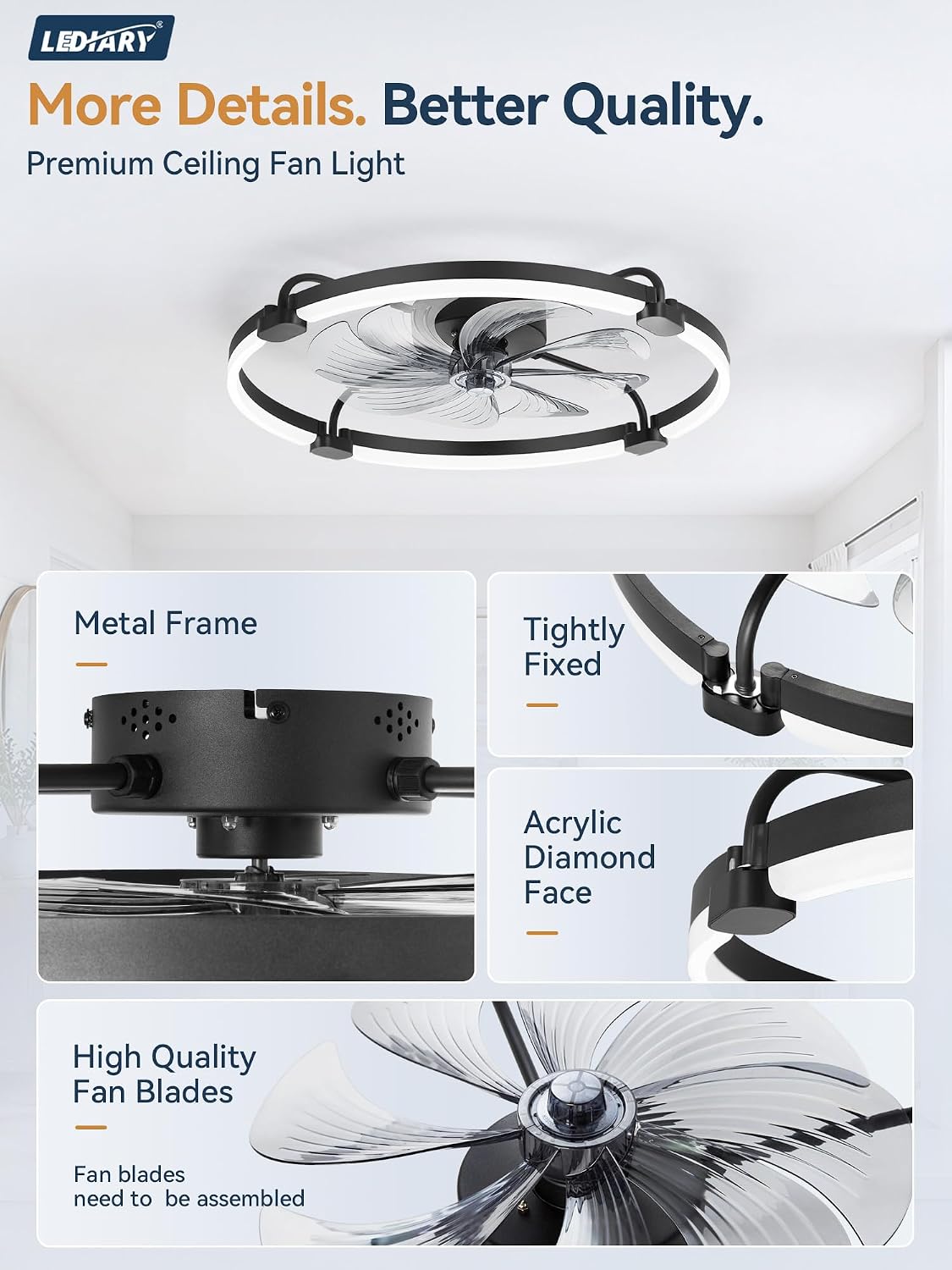 LEDIARY 24" Low Profile Ceiling Fans with Lights, Remote/APP Control, Black