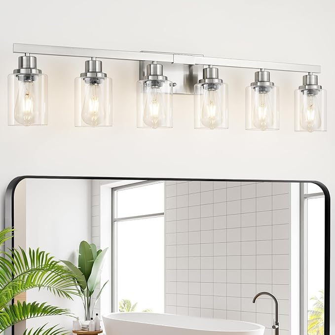 DIKAIDA Bathroom Vanity Light, 6-Light Nickel Modern Matte Wall Sconce Lighting