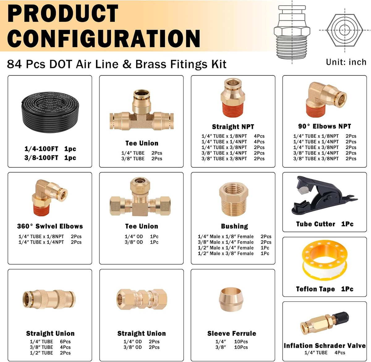 CheeMuii 80 PCS Brass DOT Air Line Fittings with 1/4" & 3/8" DO...