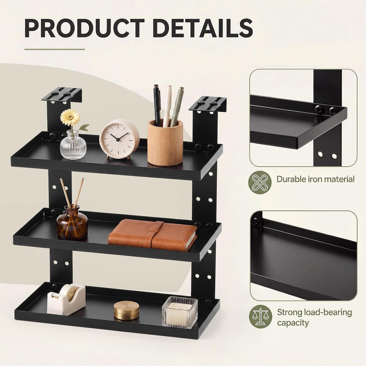 1 Pcs 3 Tier Square Large Cubicle Rectangle Shelf with Hooks