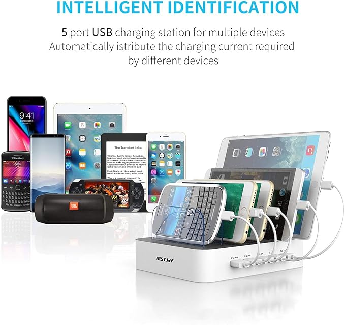 MSTJRY Charging Station for Multiple Devices : 5 Port Multi USB-A Charger