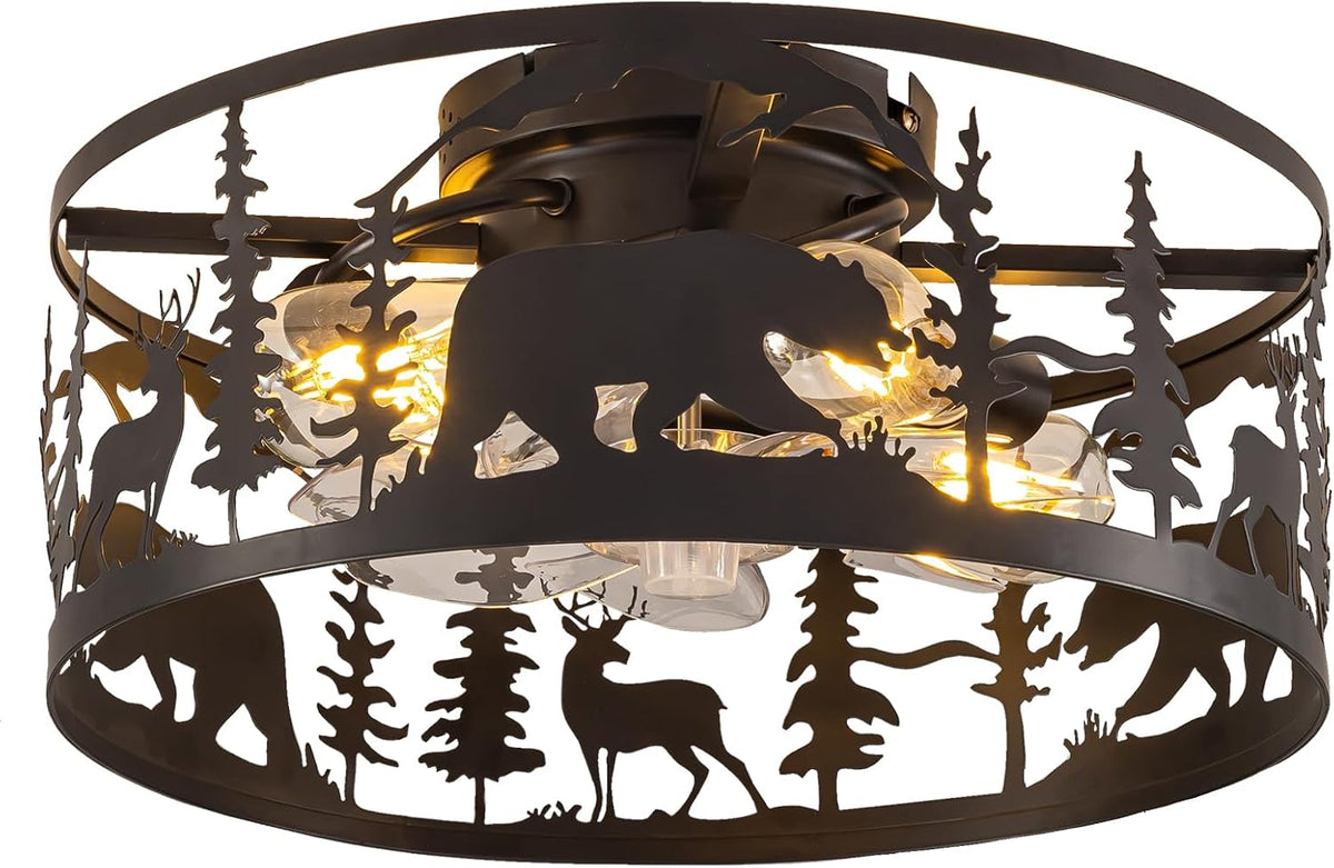 Farmhouse Caged Ceiling Fan with Light,Rustic Fandelier Flush Mount