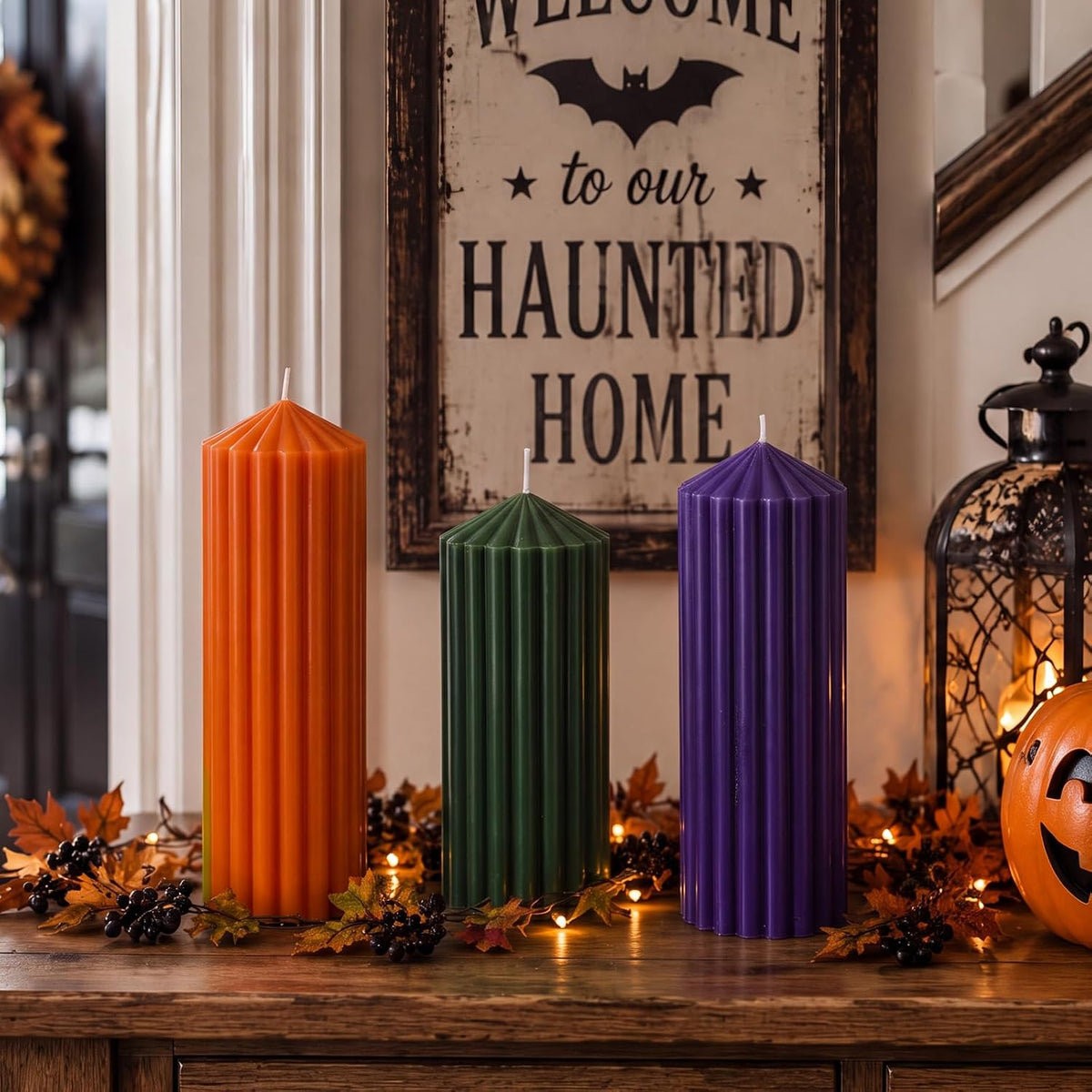 Mtlee 3 Pack Halloween Ribbed Pillar Candles Green Purple Orange Candles
