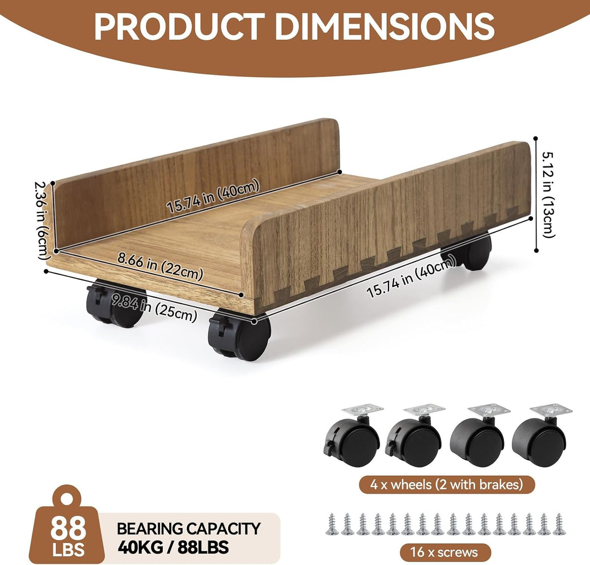 KIRIGEN Wood Computer Tower Stand with Wheels, Rolling PC Cart, Brown