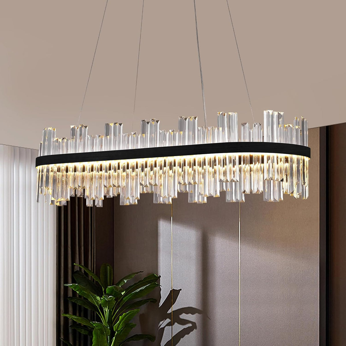 Black Led Modern Crystal Chandelier,Rectangle Chandeliers for Dining Room