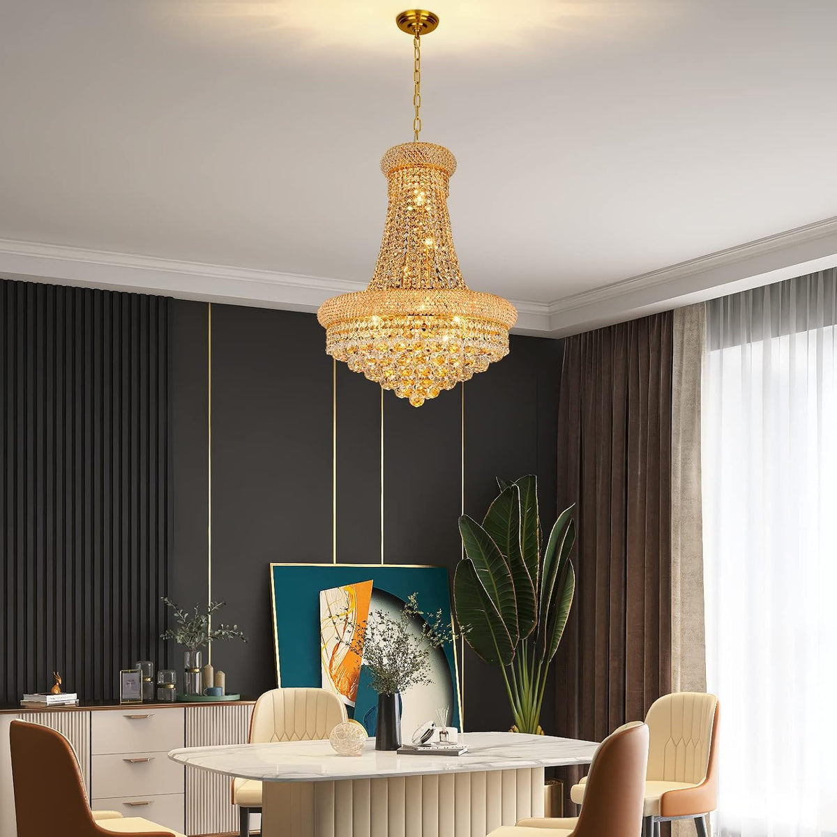 Gold Crystal Chandeliers for Dining Room，12-Lights D22 Inch