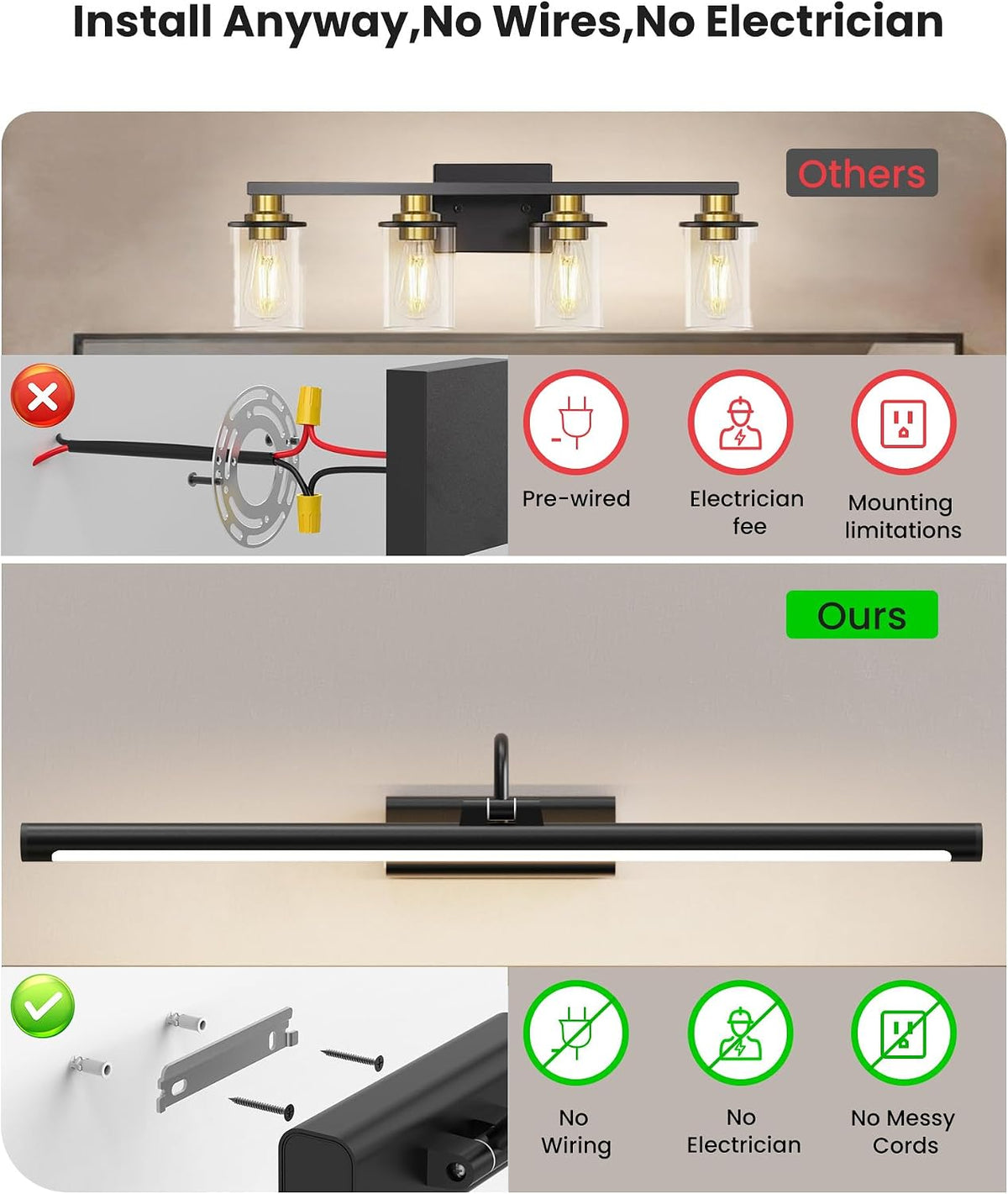 Bathroom Vanity Light Wireless Rechargeable Black 24 inch Black