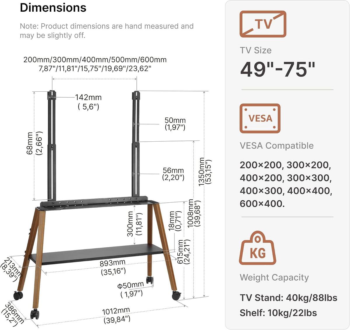 Rolling Easel TV Stand for 49-75" TVs, 88 lbs, Black