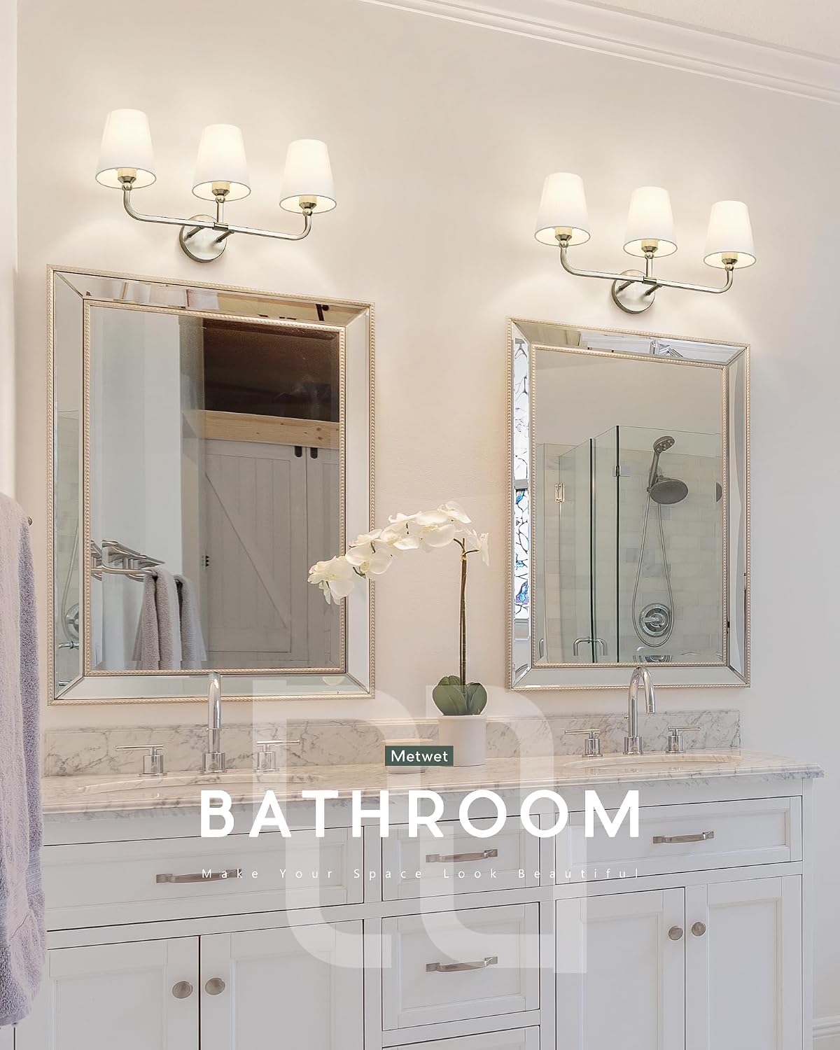 Bathroom Light Fixtures, Brushed Nickel Vanity Lights with Flared White Fabri...