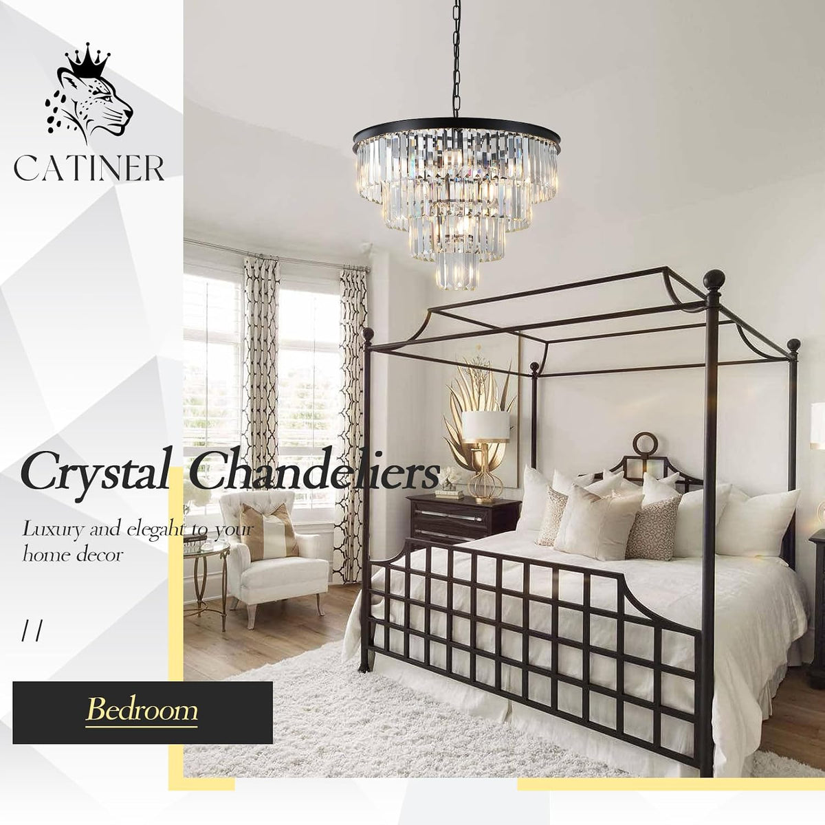 24" Modern Crystal Chandeliers,12-Light Black Round Light Fixture