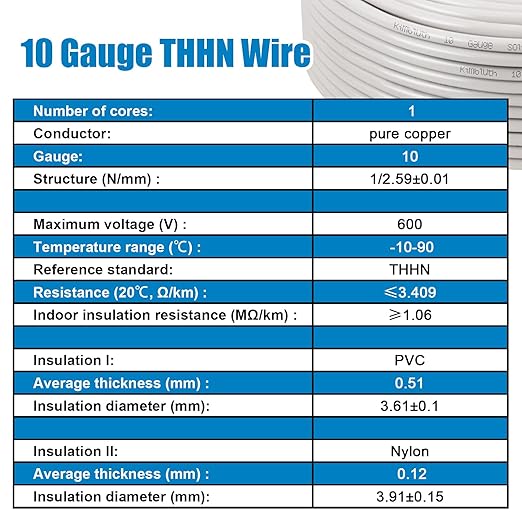 THHN Wire 10 Gauge 100 FT OFC Electrical Wire, 10 AWG Solid Copper Wire Rated