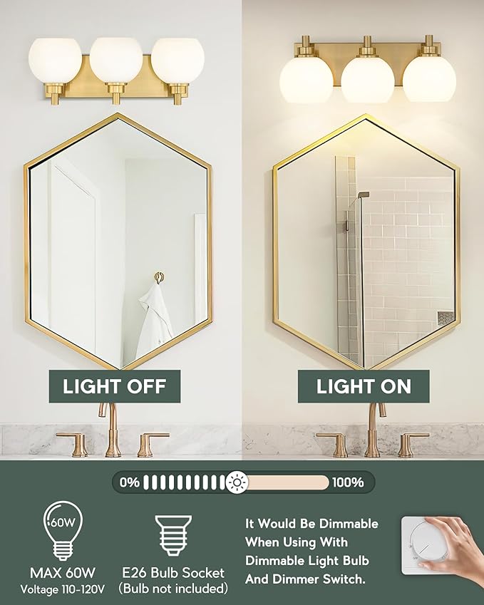 METWET Bathroom Light Fixtures, 3-Light Brushed Gold Vanity Light, Modern Wall