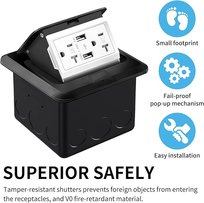 Vagueior Pop-Up Floor Box Kit, 4.8A USB Outlet, 20A Tamper-Resistant Receptac...