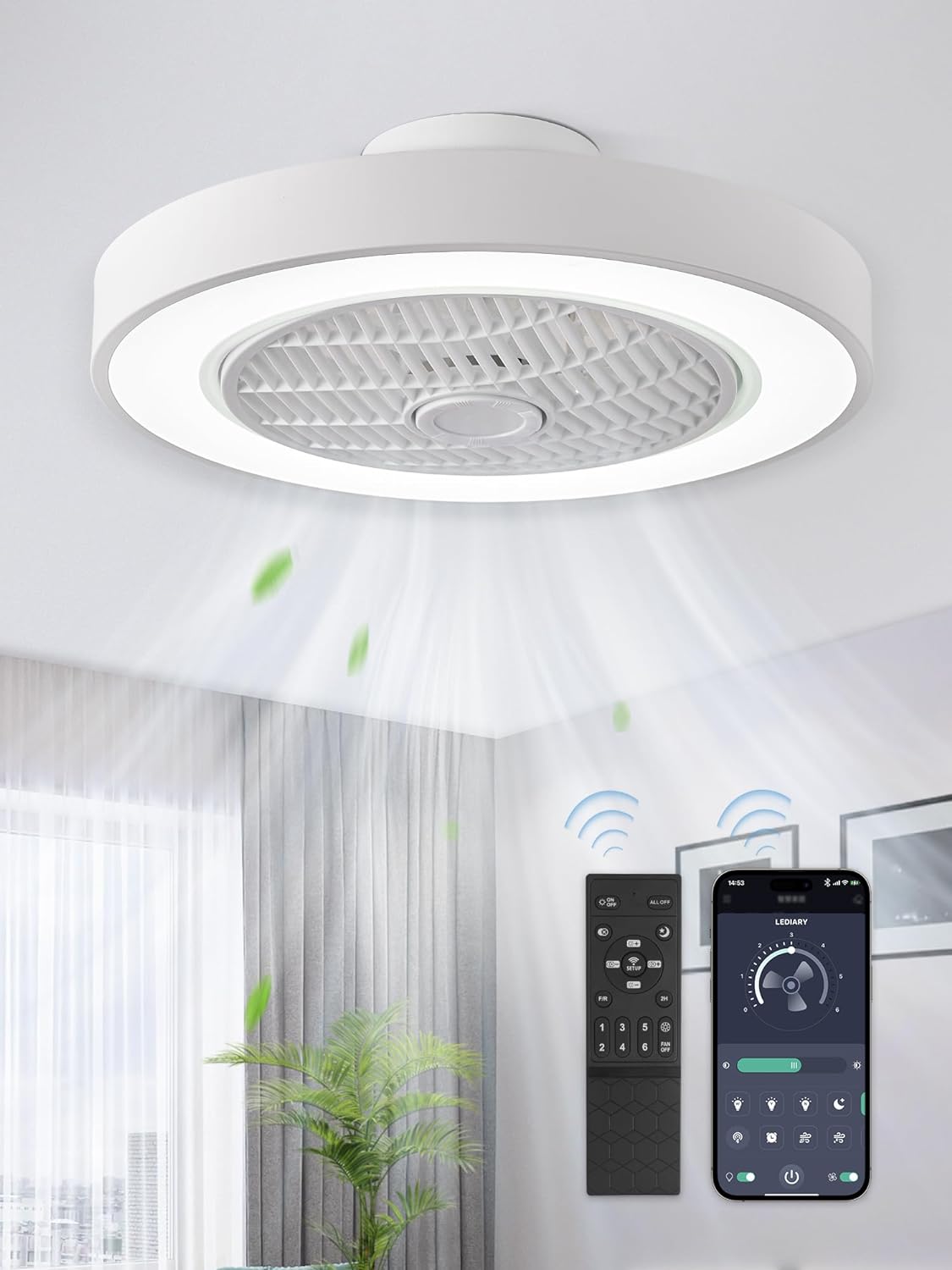 LEDIARY 20 Inch Low Profile Bladeless Enclosed LED Ceiling Fan Light, White