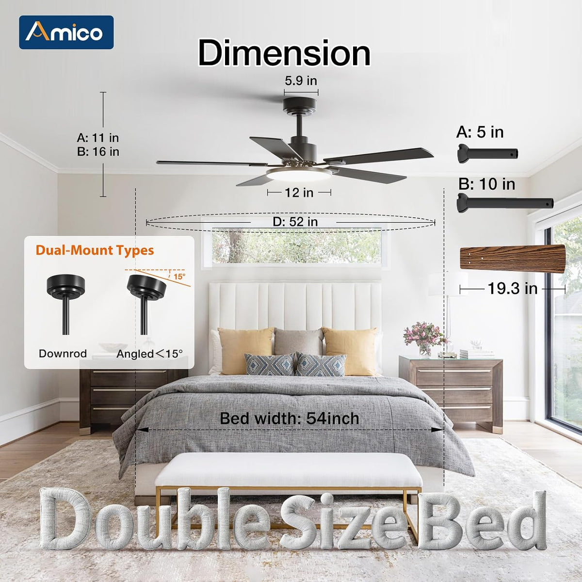Amico 52 Inch Smart Ceiling Fans with Lights, Downrod Mount, Black