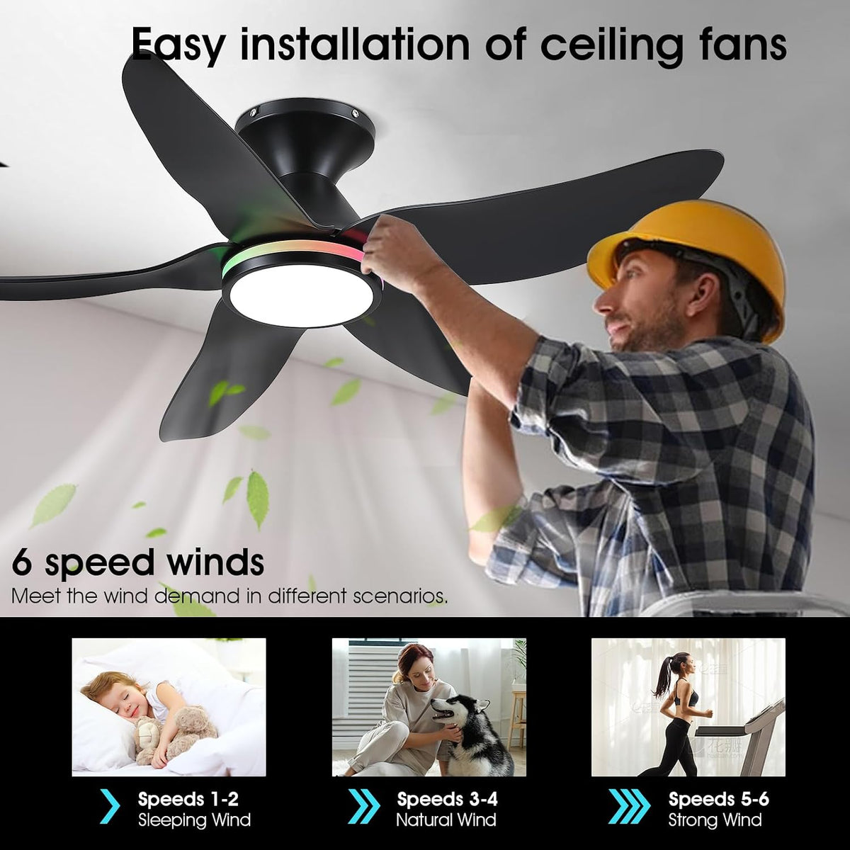 Kviflon 46 In Ceiling Fans with RGB Ring Lights Remote/APP,5 Blades Black