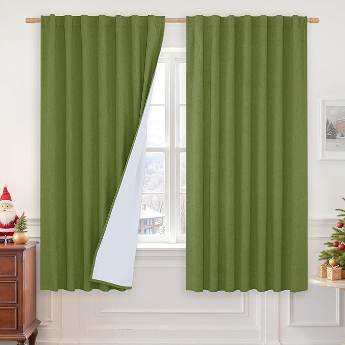 LAMIT 100% Blackout Linen Curtains 63 Inches Long, Linen Textured Living Room