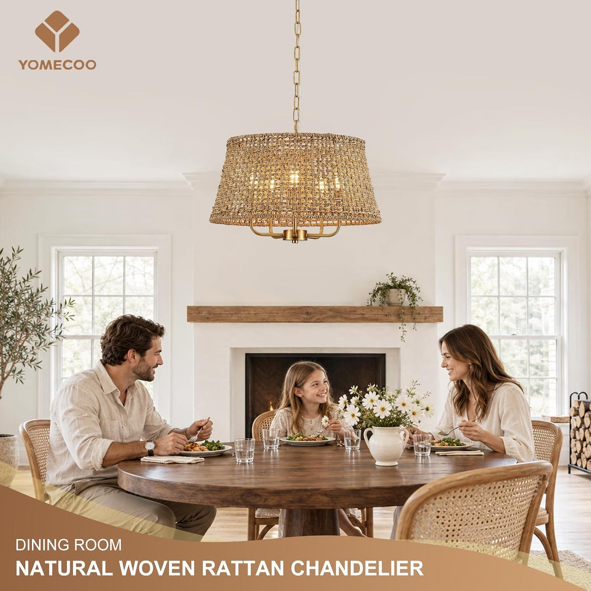 19.7" Boho Rattan Chandelier, 5-Light Gold Wicker Light Fixture