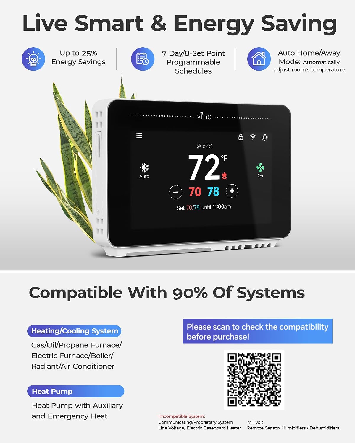 Vine Smart Thermostat for House with Nightlight, 4.3 Inches WiFi Thermostats ...