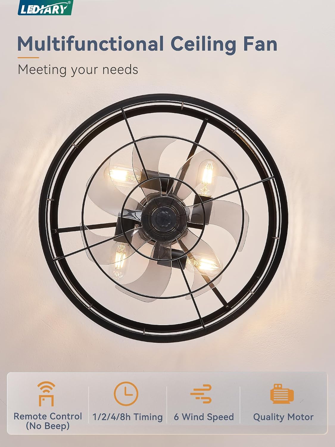 LEDIARY 20 inch Fandelier Caged Ceiling Fan with Light and Remote, Black