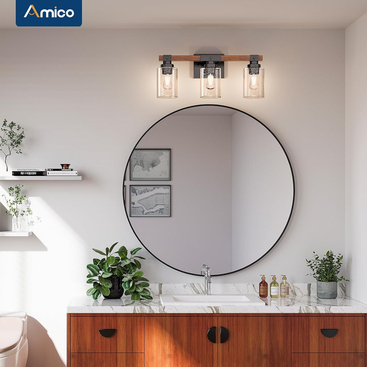 Amico 3-Light Farmhouse Bathroom Vanity Light, Seeded Glass, Black & Wood