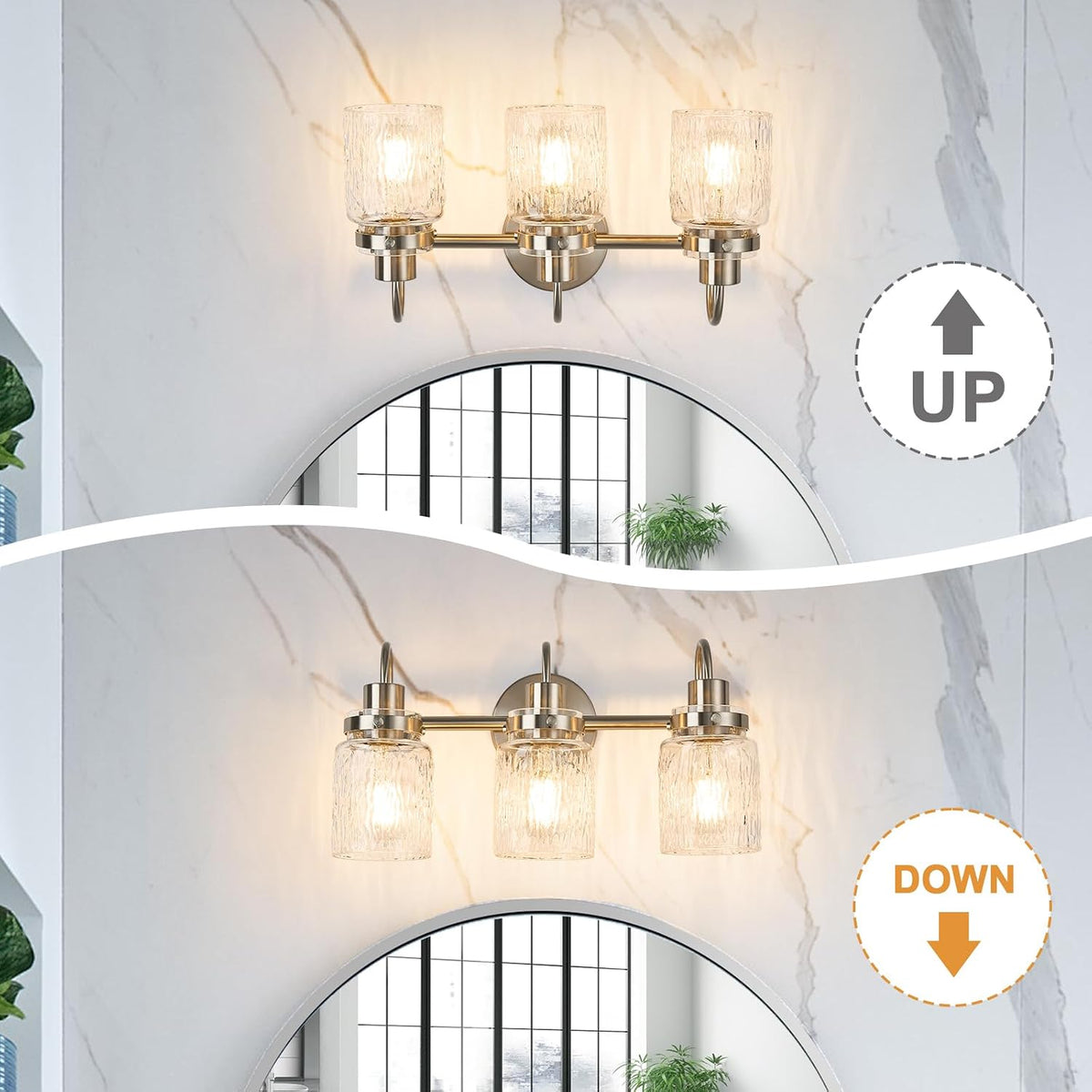 3 Lights Hammered Glass Bathroom Vanity Light,Brushed Nickel
