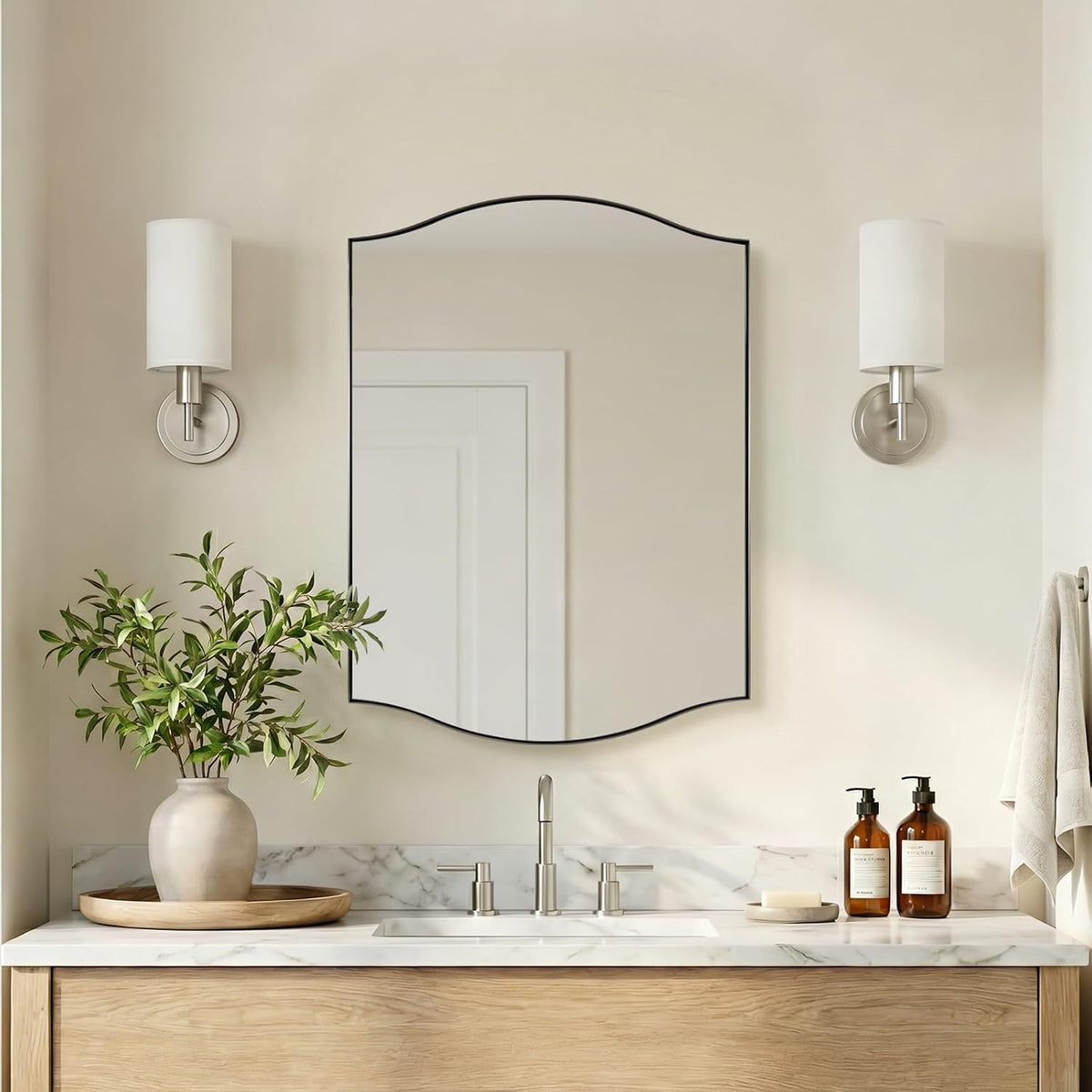 Brushed Nickel Bathroom Mirror, 22"x30" Scalloped Wall Mirror in St...