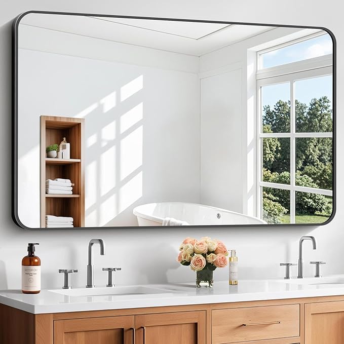 Bathroom Mirror, 55 x 36 inch Black Rectangle Wall Mirror, Metal Frame Rounded