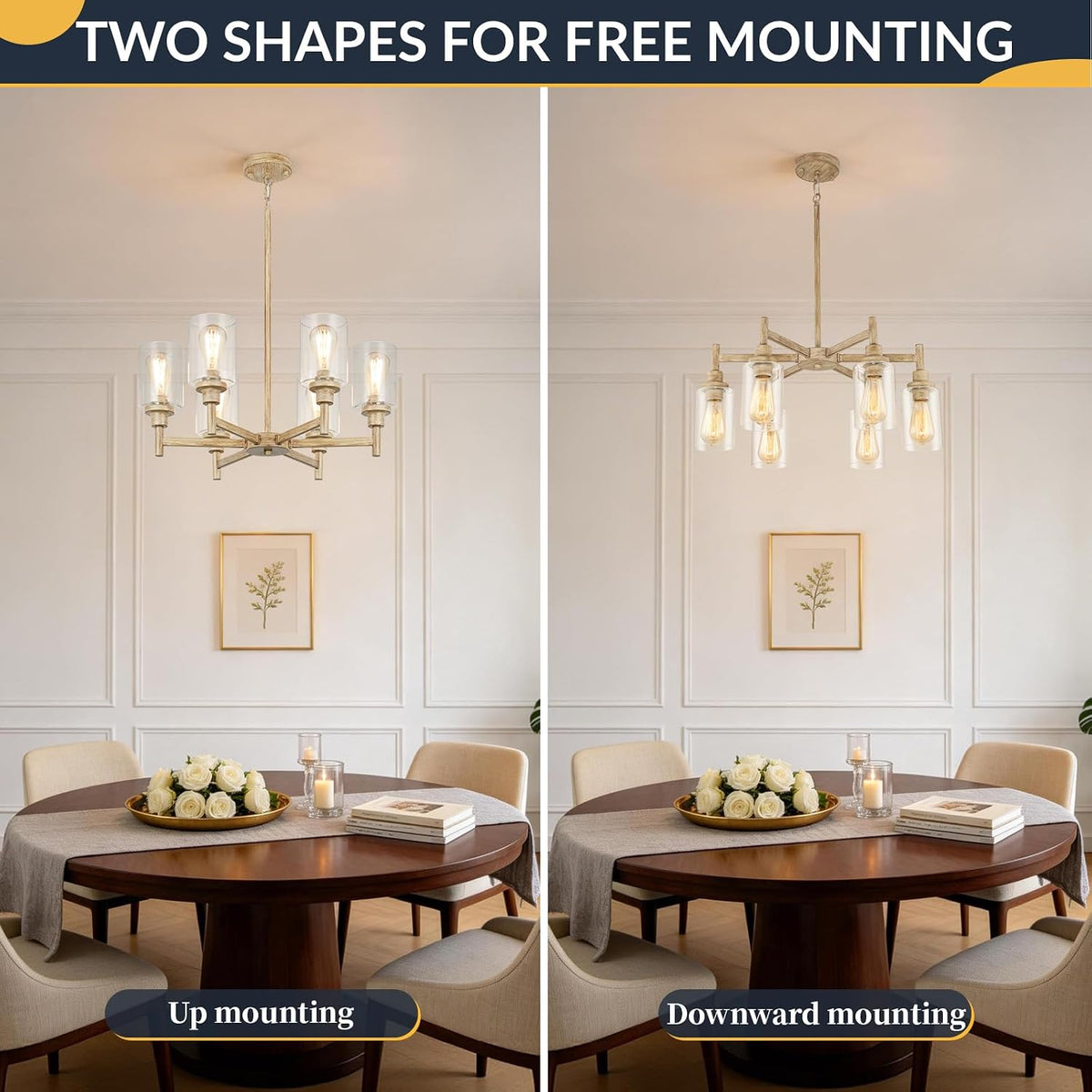 6-Light Rustic Farmhouse Chandelier, Dining Room Light Fixtures Over Table
