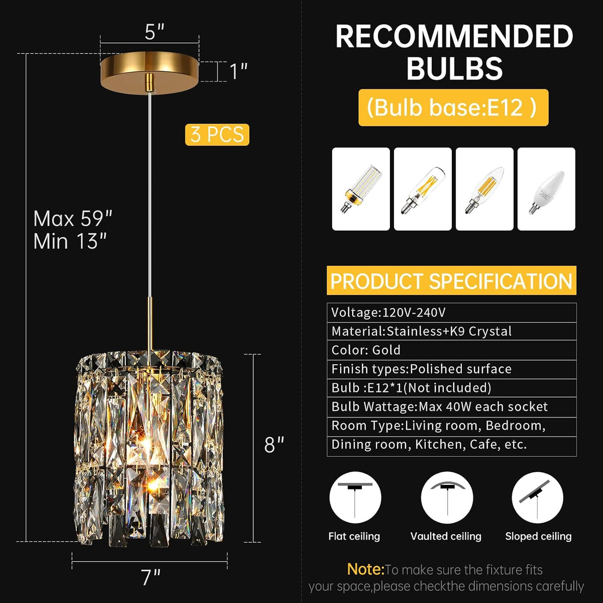 Modern K9 Gold Crystal Pendant Lights Kitchen Island Set of 3