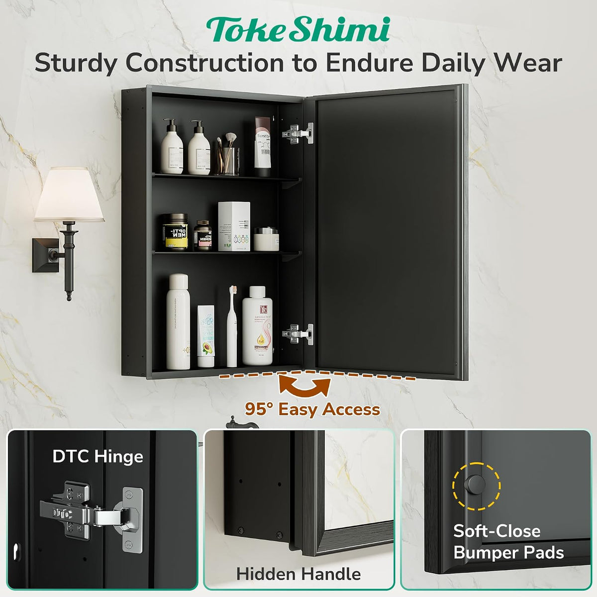 TokeShimi 14 x 18 Recessed Medicine Cabinet, Assembly Required, Black Bathroo...